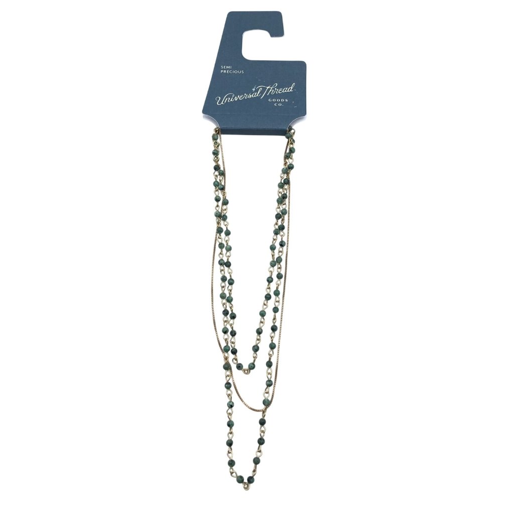 Universal Thread Necklace Semi Precious Multi Strand Bead Chain Green Gold Tone 12$